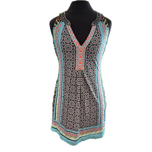 Hale Bob Sleeveless Jersey Boho Print Dress Beaded Neckline X-Small